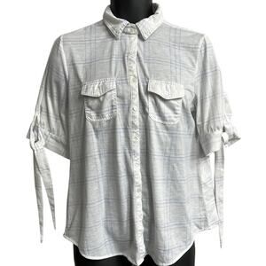 Eden Olivia Blouse Women Size XL White Blue Plaid Casual Button Up Collar STAIN